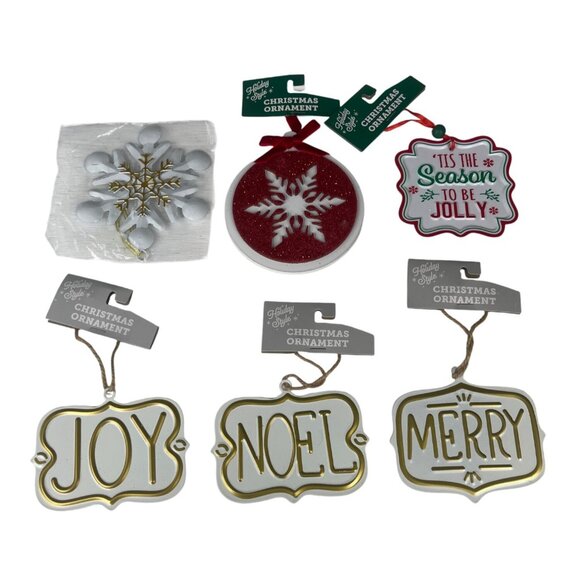 Holiday Style 6 Pc Christmas Ornaments Set Joy Noel Merry Tin Hanging - Picture 2 of 9